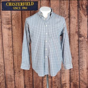 Vintage Chesterfield Mens Button Down Light Gray and Blue Long Sleeve Shirt